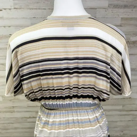 Hale Bob Silk Blend Faux Wrap Dress Womens Size S Tan Black Striped - Picture 8 of 13